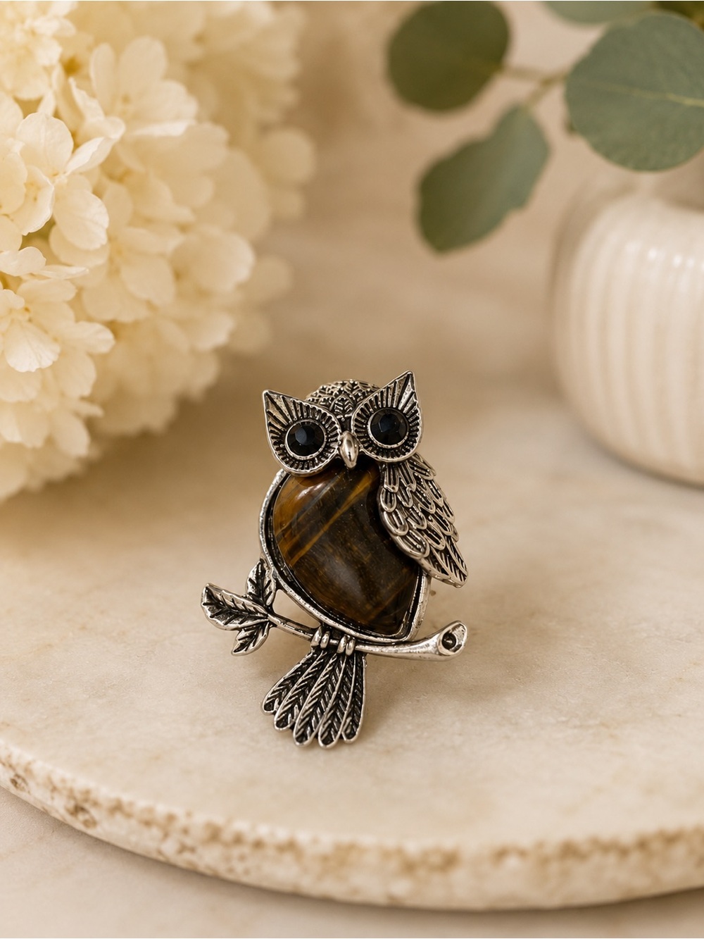 Owl Pendant or brooch with Tiger Eye Stone - Silver Tone